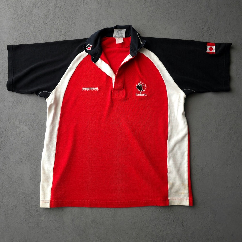 Vintage 90s Barbarian Red Rugby Shirt XL Canada MicroSupreme Short Sleeve